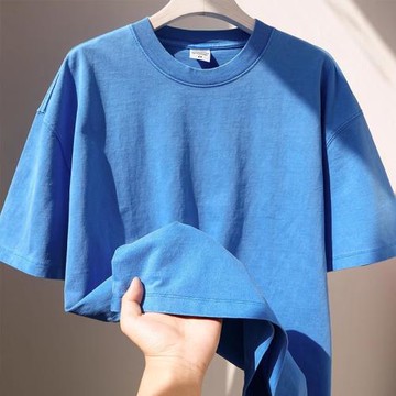 顯白幸福藍！重磅新疆棉短袖T恤男女同款 夏季純色百搭透氣半截袖