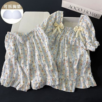 ✨台灣出貨✨田園風睡衣女夏季輕飄飄棉質帶胸墊甜美短袖2025年新款家居服套裝
