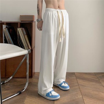 條紋冰絲休閑褲男夏季薄款韓版潮流高街垂墜感直筒拖地褲港風褲子