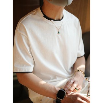 韓版輕奢撞色假兩件圓領短袖T恤男夏季新款潮牌ins簡約時尚打底衫