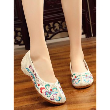 老北京女布鞋 夏季 繡花鞋小坡跟民族風刺繡亞麻透氣淺口休閑內增