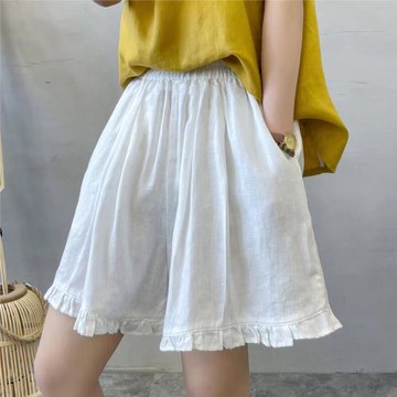 棉麻短褲女夏季薄款復古亞麻五分褲女士大碼休閑闊腿褲木耳邊褲子
