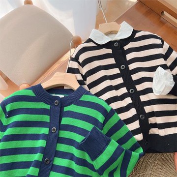 兒童純棉條紋開衫 男童女童撞色針織毛衣 中大童外套 春秋款童裝