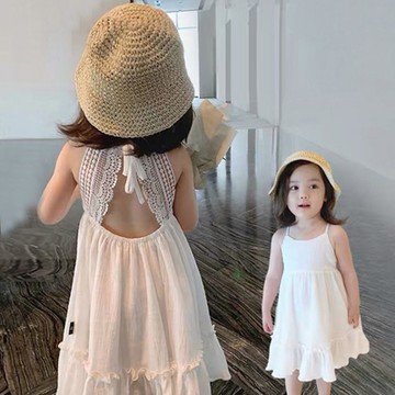 蕾絲綁帶露背細肩吊帶魚尾洋裝 連身裙 吊帶裙 魚尾裙 女童 兒童 童裝 白色洋裝 橘魔法 現貨