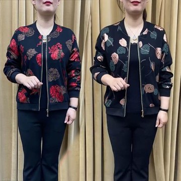 2023新款媽媽秋裝洋氣夾克開衫中年休閑上衣中老年女春秋短款外套
