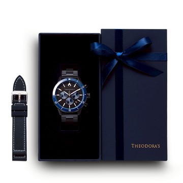 【THEODORA'S】限定禮盒水行俠手錶+錶帶-藍黑蜂巢紋 鋼鍊帶黑【希奧朵拉】送男生 送女生 情侶