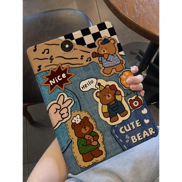 適用于ipadair6保護套2024新款pro11平板牛仔卡通ipad10/9第十代書本式10.2寸蠶絲紋mini6防摔軟殼air5帶筆槽