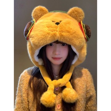 臺出優選🌟超級可愛的漢堡小熊毛絨帽子女秋冬保暖大頭圍顯臉小護耳雷鋒帽GU