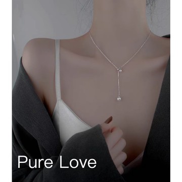 Pure Love樂芙 / 正韓 銀飾【S925純銀】N0575簡約通體純銀項鍊珍珠流蘇抽拉式可調節鎖骨鏈 短項鏈 /銀