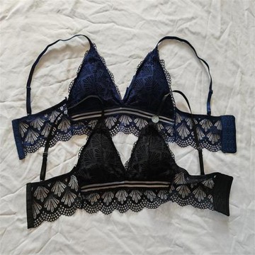D43-41女式無鋼圈薄款防凸點蕾絲性感深V三角杯歐美法式文胸內衣