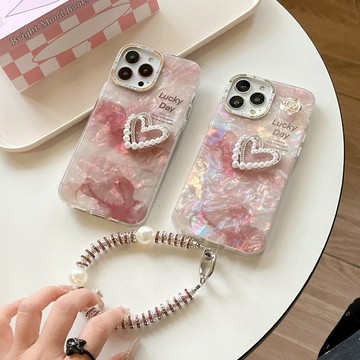 电镀圈 贝壳粉 晕染立体珍珠爱心 高級手機殼 適用 蘋果 iPhone 16 15 13 12 Pro Max  保護殼