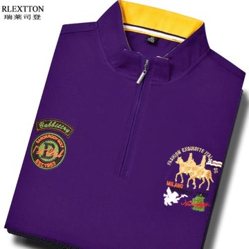 夏季新款短袖小立領休閑T恤高檔POLO衫男裝紫色拉鏈寬松大碼上衣