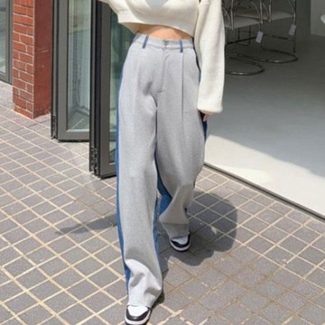 韓國chic秋冬復古小眾高腰撞色拼接設計感直筒闊腿牛仔褲長褲女