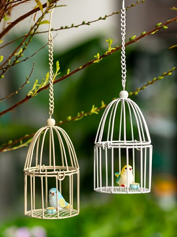 迷你小鳥籠鐵藝鏤空擺件庭院花園綠植雪柳DIY掛件裝飾仿真包郵