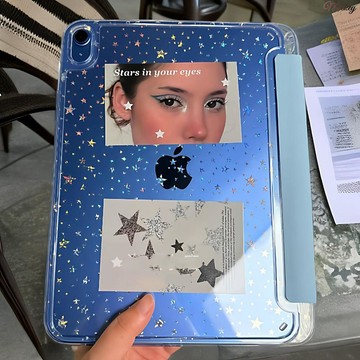 新款藍色滿屏星星插畫Y型三折適用ipad11保護套air7/6新款ipad10帶筆