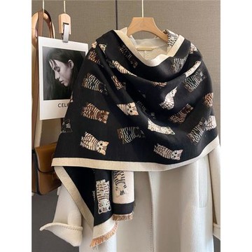 韓版時尚貓咪仿羊絨圍巾女秋冬保暖雙面加厚學生圍脖兩用披肩外搭