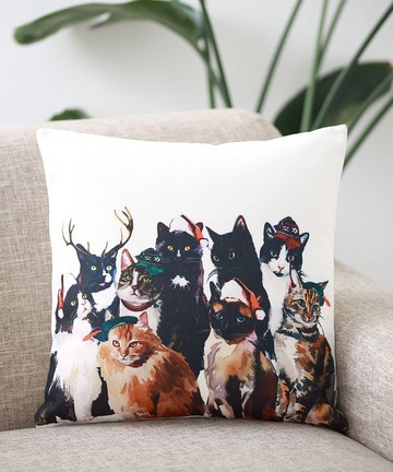 Jubilee 天然亞麻材質 抱枕套 柔軟觸感 聖誕節貓咪款