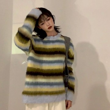 馬海毛條紋毛衣女秋冬季復古日系慵懶風設計感小眾上衣年新款