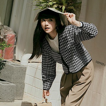 OB嚴選-毛呢千鳥格同色滾邊開襟包釦外套