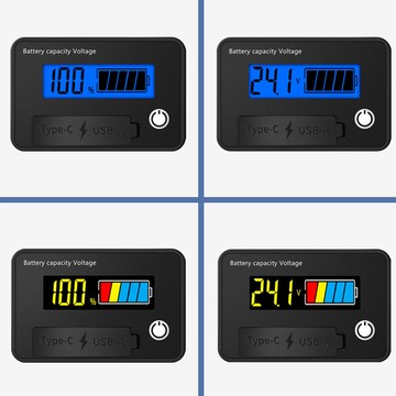 兩線數字電壓表 8-30VDC 電池容量測試儀 Type-C USB-A 雙輸出電壓表顯示,帶低報警設置和停電記憶功能