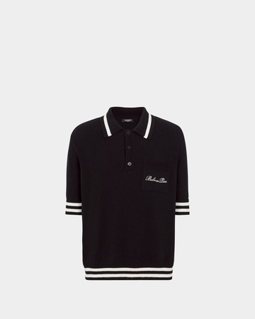 BALMAIN 條紋滾邊刺繡羊毛感 Polo 衫 - 黑 - L