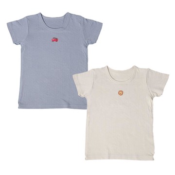 akachan honpo - 短袖圓領上衣2件組蓬鬆棉-消防車&獅子-藍色