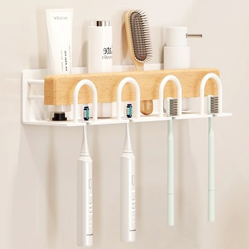 韻潔雅 北歐風格實木浴室鋁製牙刷架置物架木質收納架電動壁掛架合金牙膏收納家用太空配件無痕