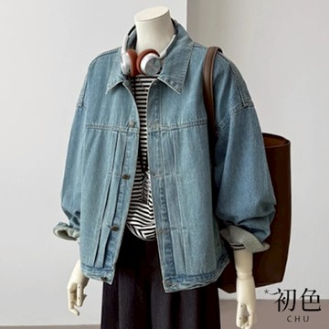 初色 美式復古寬鬆休閒翻領長袖牛仔襯衫外套女外套-淺藍色-10495(M-XL可選)