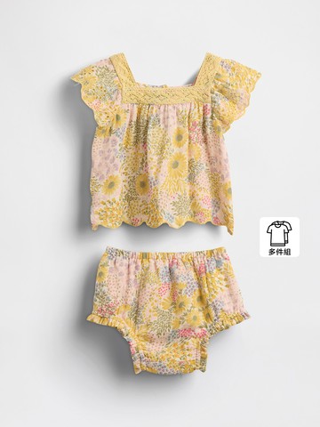 嬰兒裝 印花方領短袖短褲家居套裝-黃色