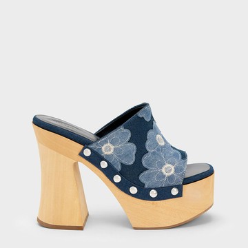 Tabitha 丹寧刺繡粗跟拖鞋