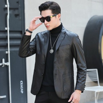 [米蘭精品] 真皮皮衣外套-植鞣綿羊皮商務休閒時尚西裝領男外套黑色74ja38