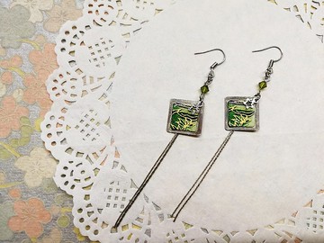 菱形長垂鍊耳環 日本友禪紙 和紙(獨一商品)GE02-001