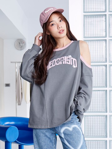 性感撞色肩簍空寬大版長袖上衣