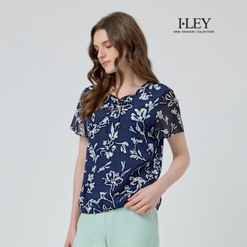 ILEY伊蕾 造型綁結五角領雪紡印花上衣(深藍；M-2L)