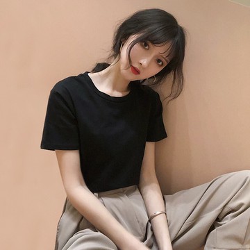 網紅t恤女短袖夏新款純色修身打底衫黑色內搭純棉顯瘦上衣潮1入