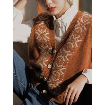 橘色提花仿浣熊絨針織馬甲背心女春季節新款毛衣外套無袖外搭上衣
