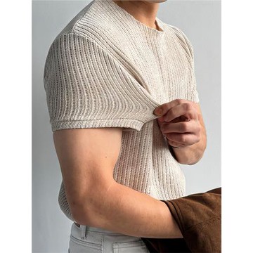 雪尼爾彈力鏤空短袖T恤男夏季輕薄透氣圓領網眼體恤簡約百搭上衣