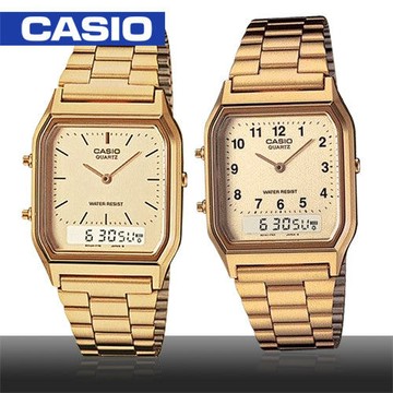 【CASIO 卡西歐】日系復刻版-金色雙顯中性錶(AQ-230GA)