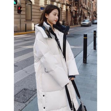 冬季紅的新年連帽90白鴨絨羽絨服女新款寬松長款過膝加厚面包服潮