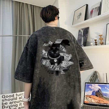 【隔日到貨】100%純棉 水洗黑 碳黑 美金金錢鈔票黑貓英文正反印花圓領T恤情侶裝男女短袖上衣大尺碼OVERSIZE