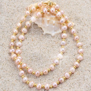 天然粉色淡水珍珠金珠項鍊 8–9mm 金色燈籠扣 華美靈動 聖誕節禮