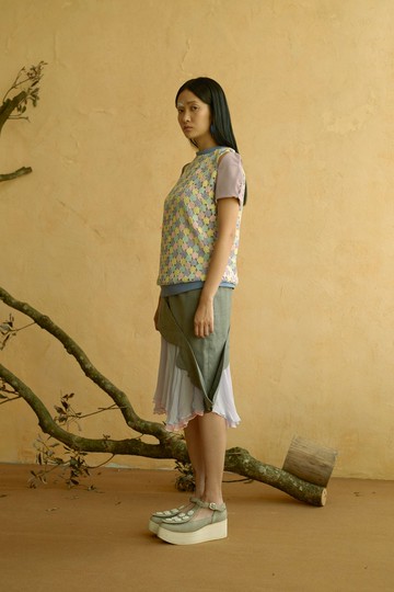 GELÉE 西裝布剪影輪廓拼接絲紡下擺半裙