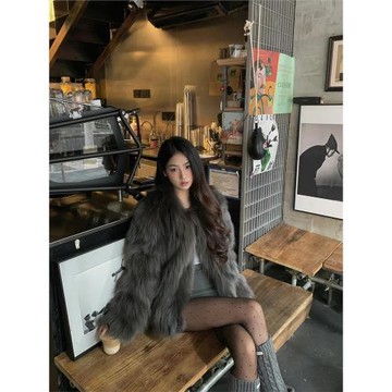 灰色環保皮草外套女冬裝高級感氣質名媛加厚保暖皮毛一體毛毛大衣