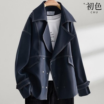 初色 翻領長袖薄款明線夾克風衣外套女外套-藏青色-38200(M-3XL可選)