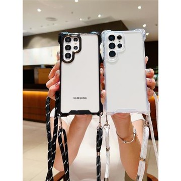 三星s22+A54斜挎掛繩透明手機殼S25Ultra適用可拆卸防摔s23四角開孔A53電話殼S24UltraA34時尚三星S22 Ultra