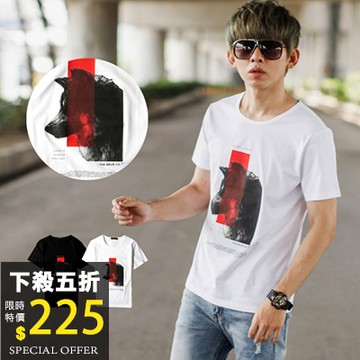 【NB0882J】韓國製BLACK LABLE野狼側臉圖騰短T(LE-BV323)