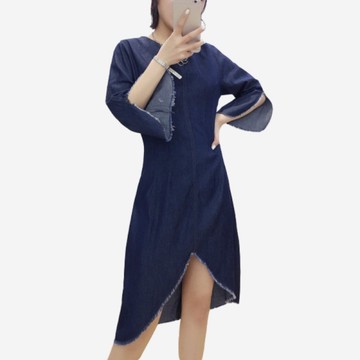 薄牛仔鬚邊開叉五分袖不規則洋裝 (送腰帶) 11950088