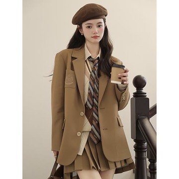 英倫學院風卡其色西裝外套女2025新款秋冬小個子jk西服百褶裙套裝