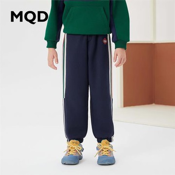 MQD童裝男大童2025冬季兒童加絨加厚運動休閑條杠針織褲潮