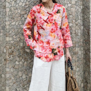 2025春夏新女 大碼名族風棉麻亞麻薄款寬松顯瘦盤扣漢服長袖襯衫